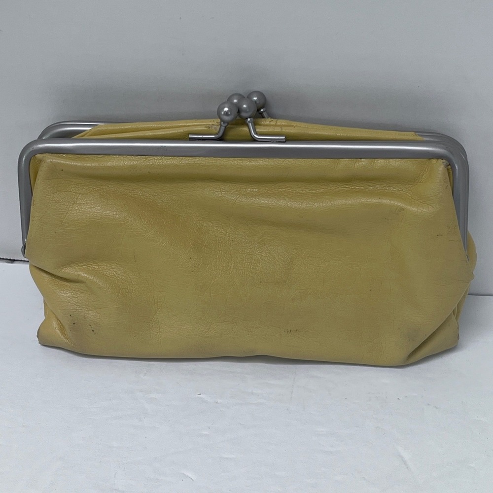 Vtg‎ Y2k Mustard Yellow Leather Double Kiss Lock Frame Clutch Wallet Organizer